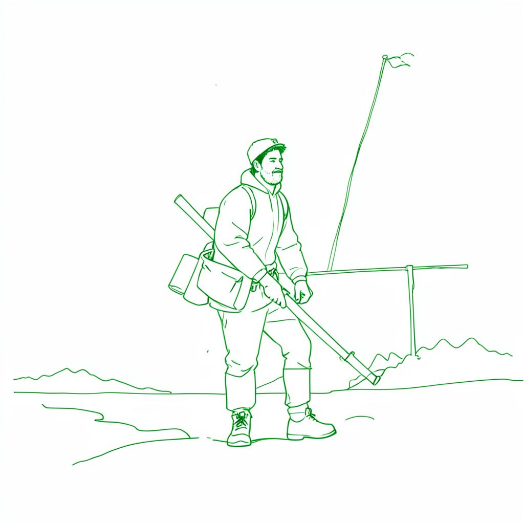 Disegno lineare minimale di un ciclista con bicicletta a scatto fisso tra edifici urbani, toni di crema e verde oliva, atmosfera di una giornata di gara in città